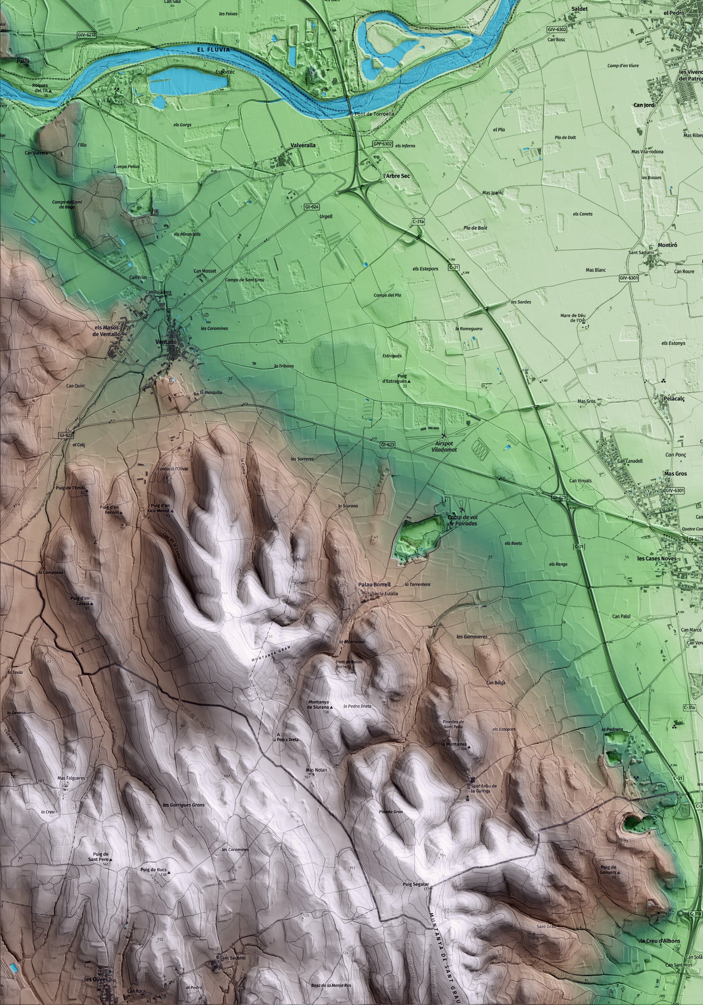 Mapa artístico del relieve de l'Armentera, a la Alt Empordà, con 15 km de entorno y base topográfica ICGC. Detalle de la zona inferior izquierda.