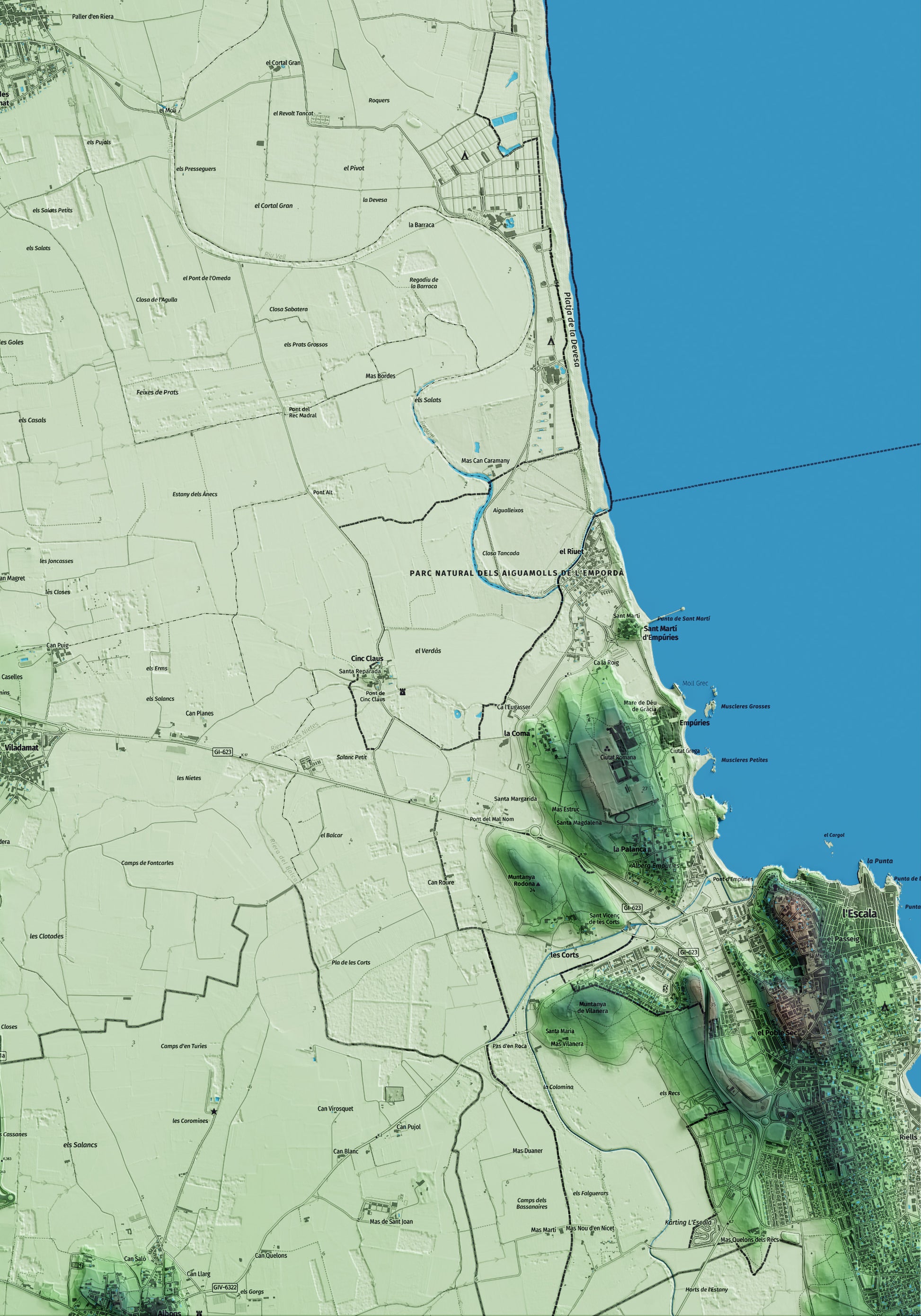 Mapa artístico del relieve de l'Armentera, a la Alt Empordà, con 15 km de entorno y base topográfica ICGC. Detalle de la zona inferior derecha.