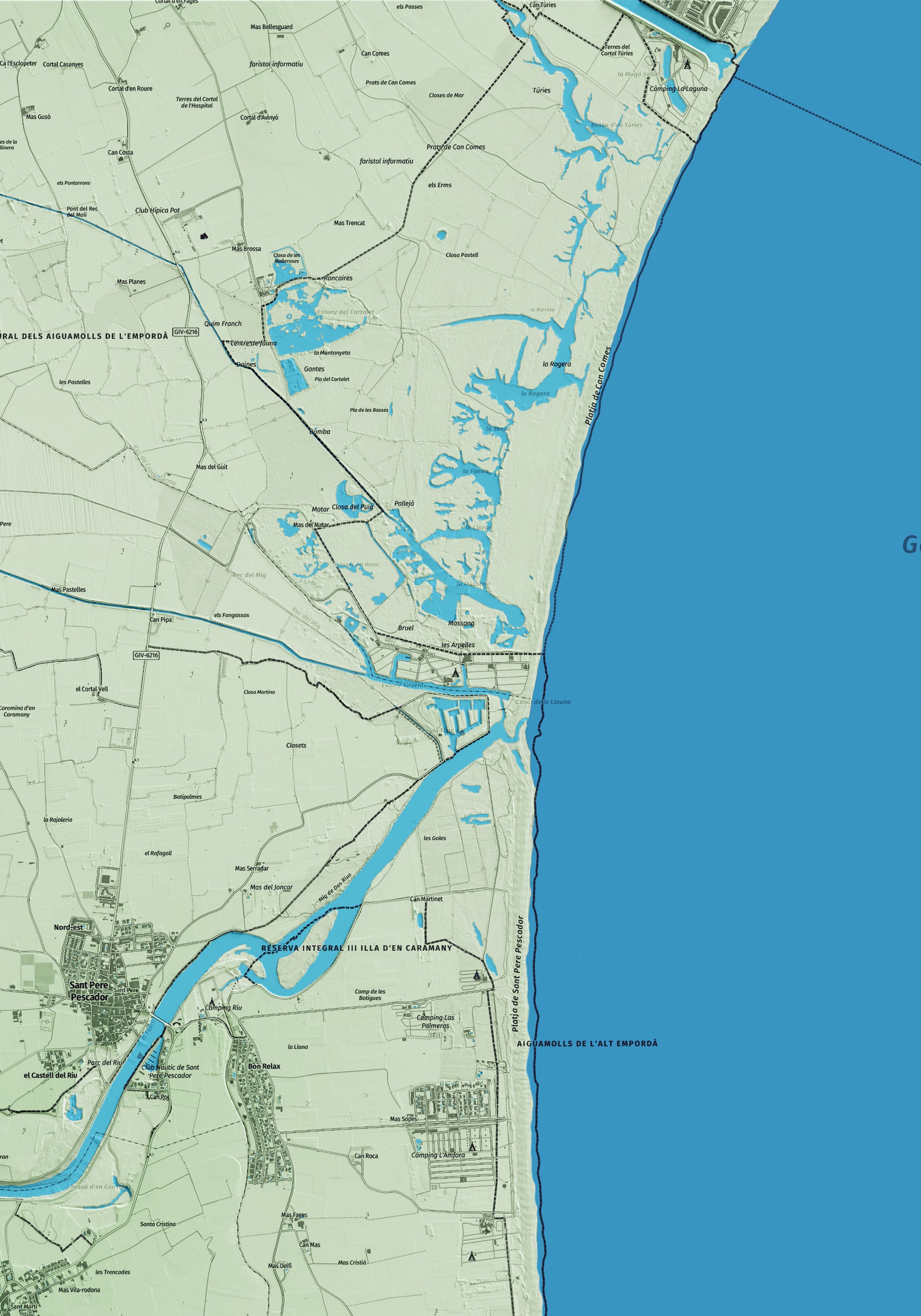 Mapa artístico del relieve de l'Armentera, a la Alt Empordà, con 15 km de entorno y base topográfica ICGC. Detalle de la zona superior derecha.
