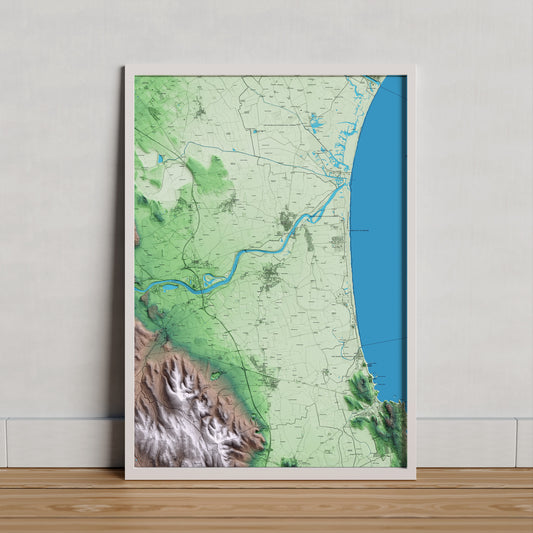Mapa artístico del relieve de l'Armentera, a la Alt Empordà, con 15 km de entorno y base topográfica ICGC. Presentación enmarcada.