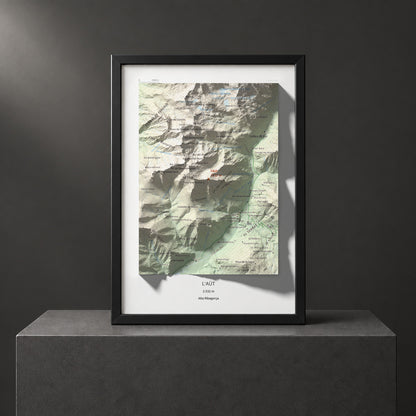 Mapa de relieve de l'Aüt, 2532 m, Alta Ribagorça, lámina 100 Cims de Trobart. Presentación enmarcada. 21 × 30 cm.
