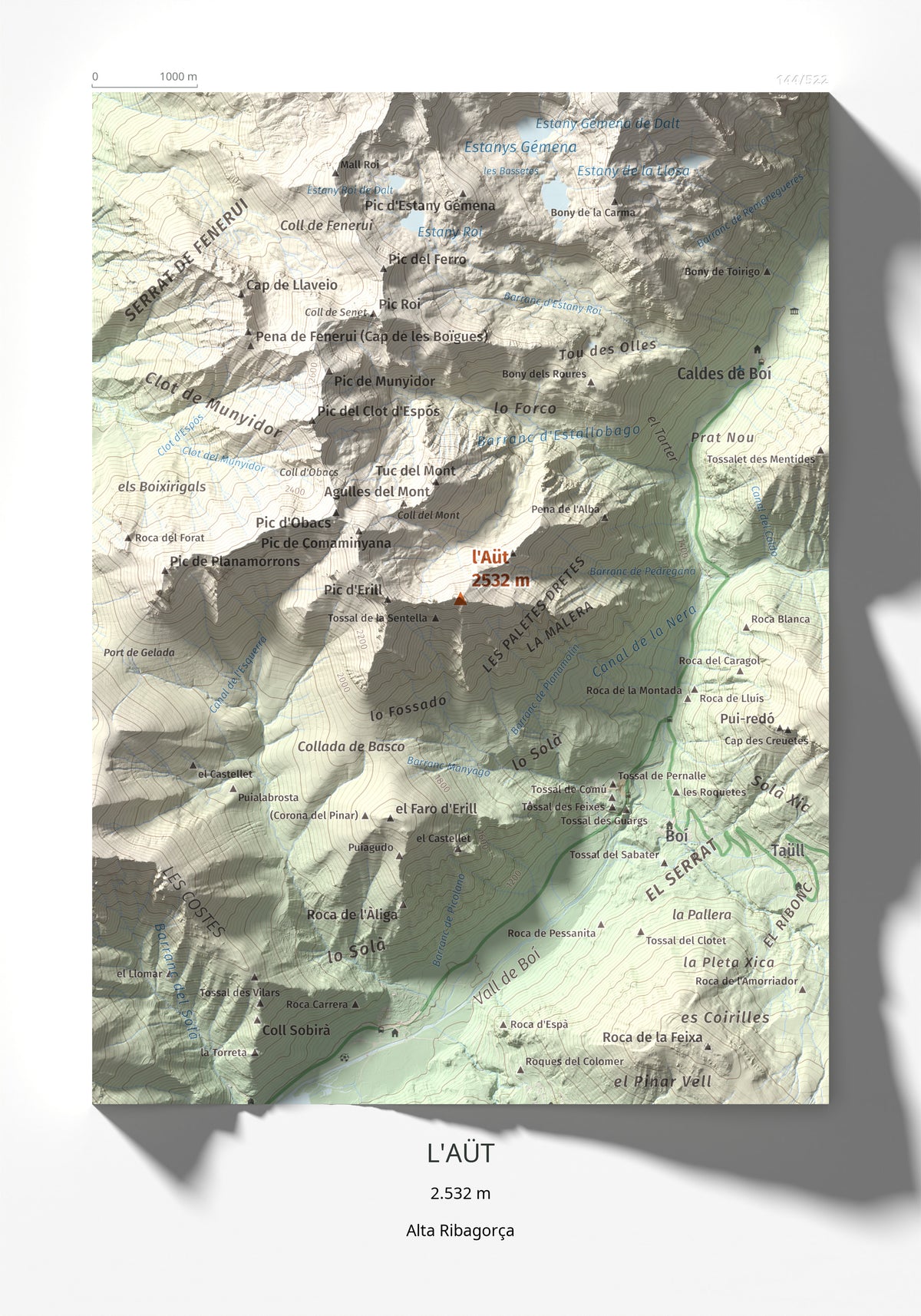 Mapa de relieve de l'Aüt, 2532 m, Alta Ribagorça, lámina 100 Cims de Trobart 21 × 30 cm.