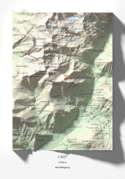Mapa de relieve de l'Aüt, 2532 m, Alta Ribagorça, lámina 100 Cims de Trobart 21 × 30 cm.