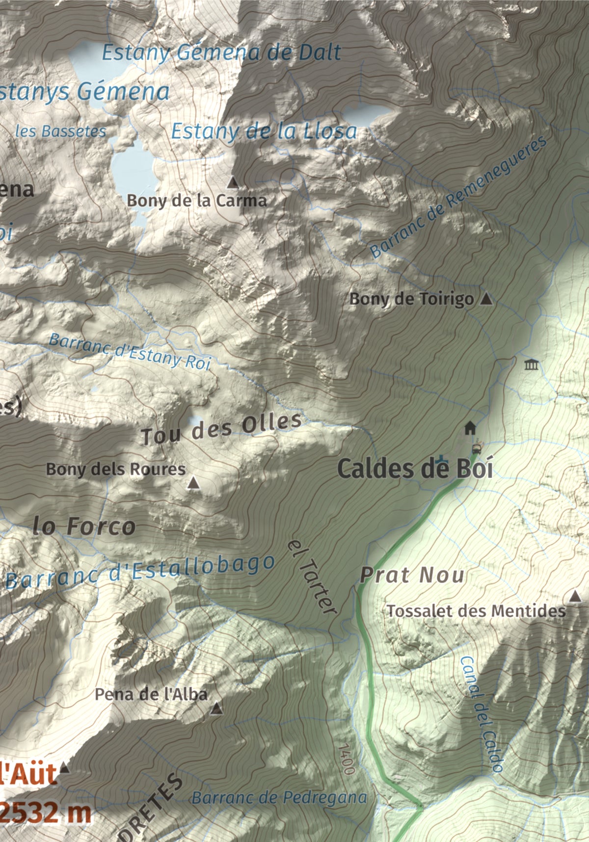 Mapa de relieve de l'Aüt, 2532 m, Alta Ribagorça, lámina 100 Cims de Trobart. Detalle de la zona superior derecha. 21 × 30 cm.