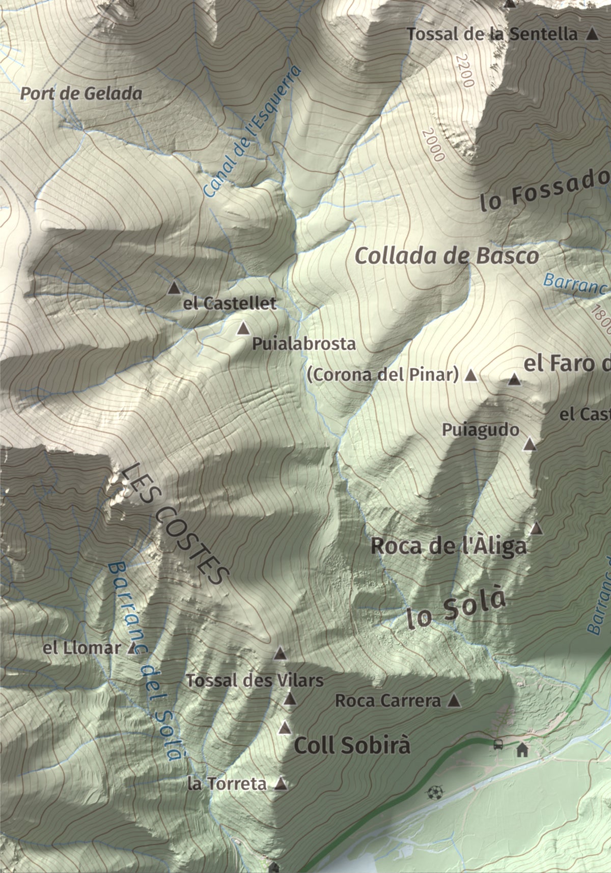 Mapa de relieve de l'Aüt, 2532 m, Alta Ribagorça, lámina 100 Cims de Trobart. Detalle de la zona inferior izquierda. 21 × 30 cm.