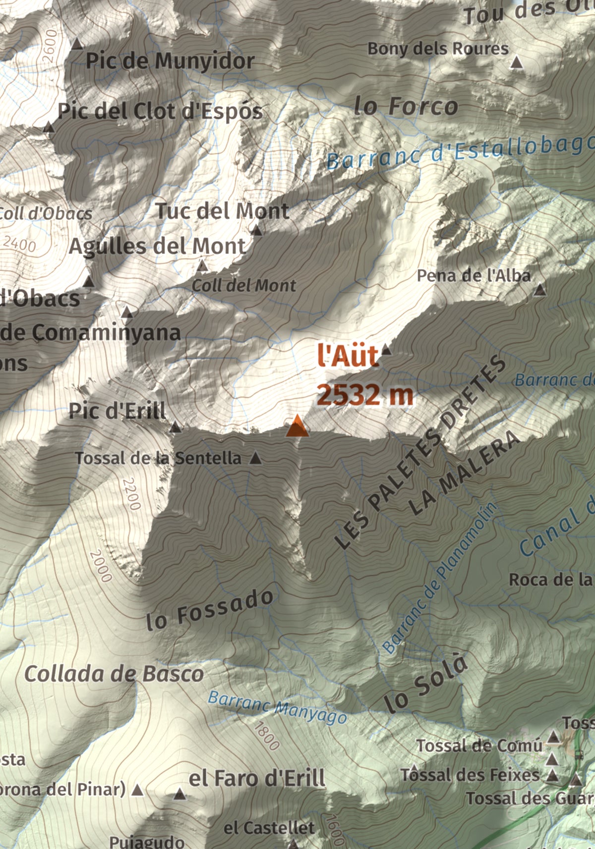 Mapa de relieve de l'Aüt, 2532 m, Alta Ribagorça, lámina 100 Cims de Trobart. Detalle de la zona central. 21 × 30 cm.