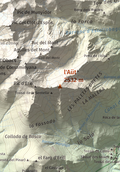 Mapa de relieve de l'Aüt, 2532 m, Alta Ribagorça, lámina 100 Cims de Trobart. Detalle de la zona central. 21 × 30 cm.