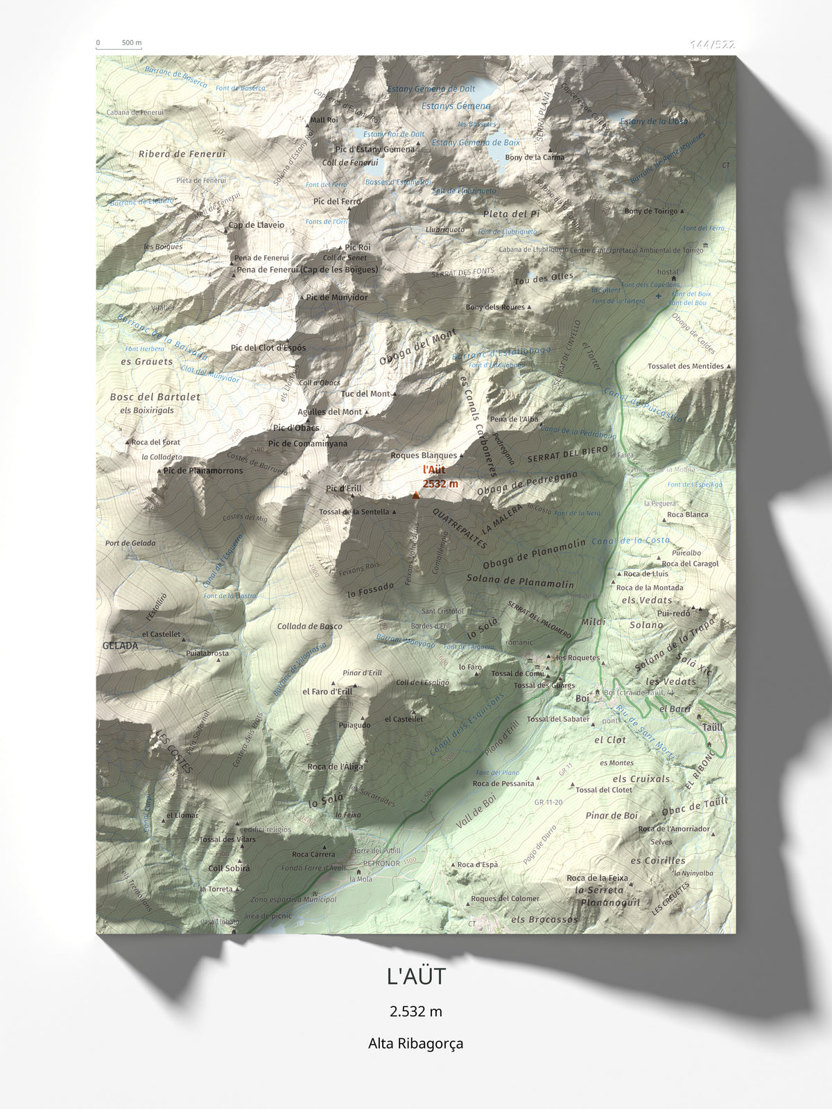 Mapa de relieve de l'Aüt, 2532 m, Alta Ribagorça, lámina 100 Cims de Trobart 30 × 40 cm.