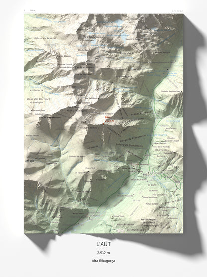Mapa de relieve de l'Aüt, 2532 m, Alta Ribagorça, lámina 100 Cims de Trobart 30 × 40 cm.