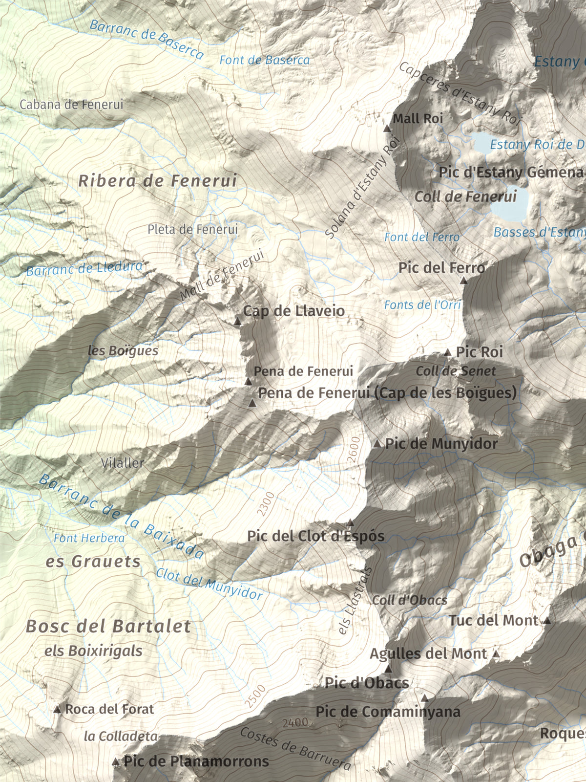 Mapa de relieve de l'Aüt, 2532 m, Alta Ribagorça, lámina 100 Cims de Trobart. Detalle de la zona superior izquierda. 30 × 40 cm.