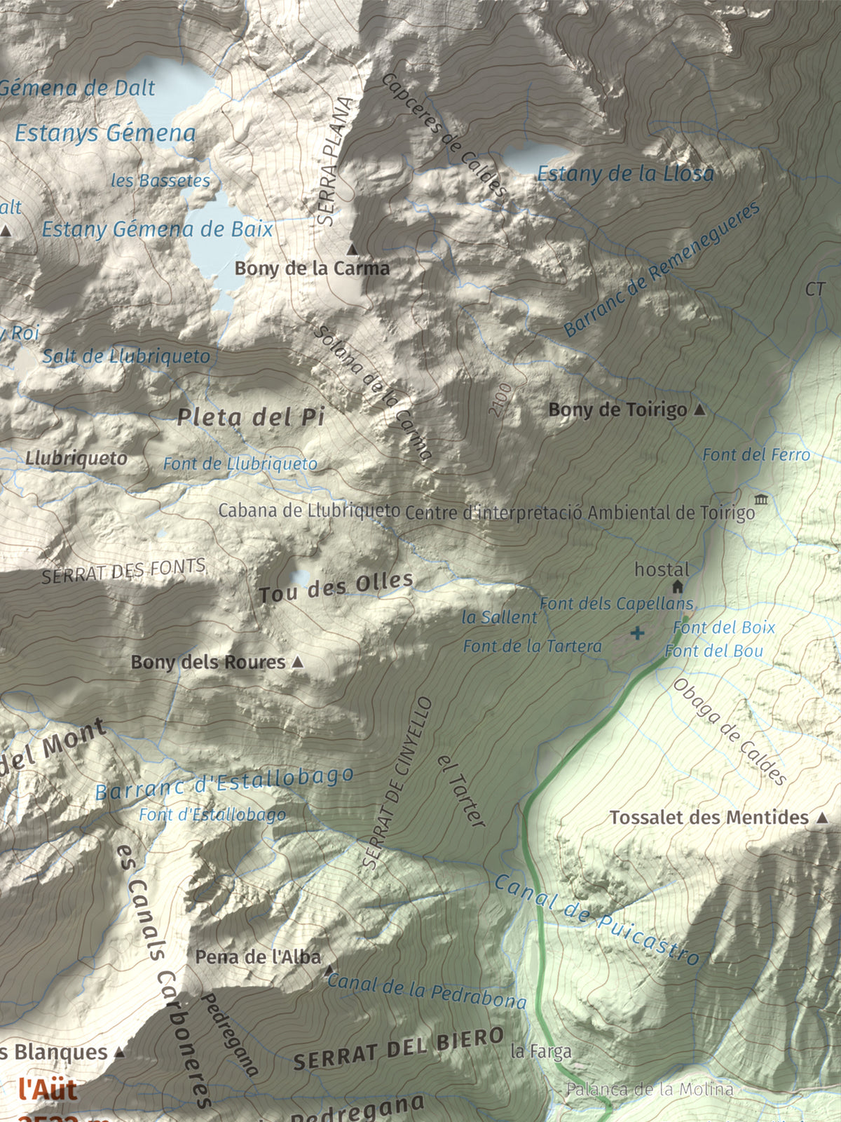 Mapa de relieve de l'Aüt, 2532 m, Alta Ribagorça, lámina 100 Cims de Trobart. Detalle de la zona superior derecha. 30 × 40 cm.