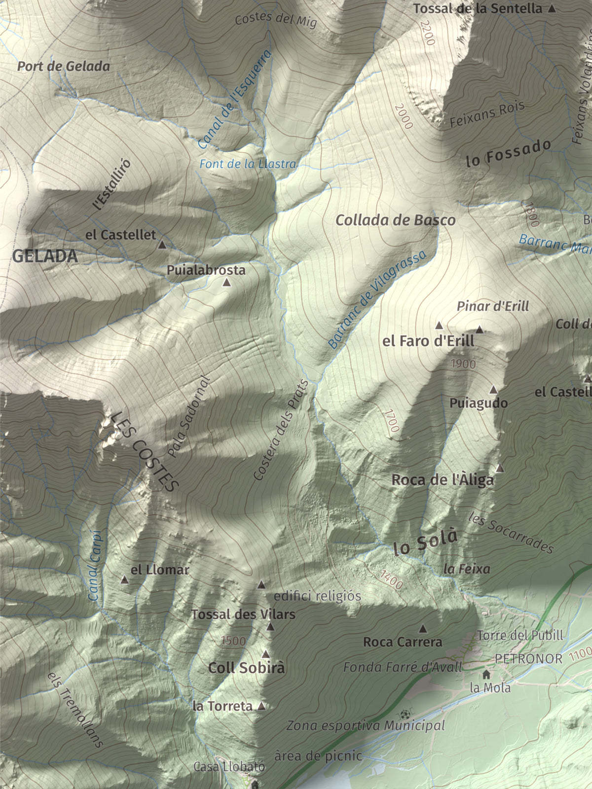 Mapa de relieve de l'Aüt, 2532 m, Alta Ribagorça, lámina 100 Cims de Trobart. Detalle de la zona inferior izquierda. 30 × 40 cm.