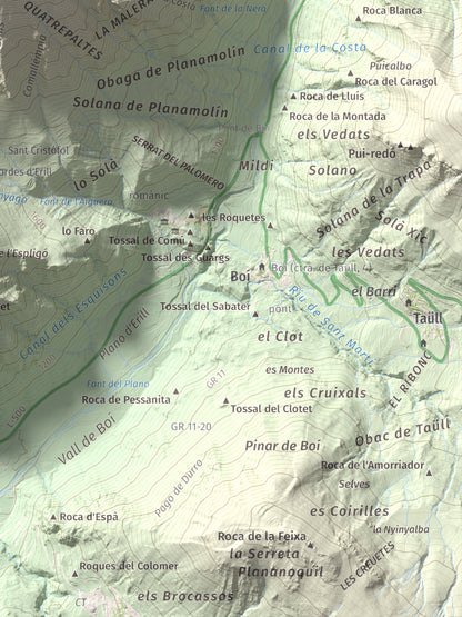 Mapa de relieve de l'Aüt, 2532 m, Alta Ribagorça, lámina 100 Cims de Trobart. Detalle de la zona inferior derecha. 30 × 40 cm.