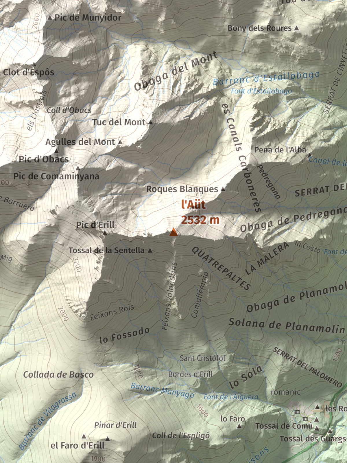Mapa de relieve de l'Aüt, 2532 m, Alta Ribagorça, lámina 100 Cims de Trobart. Detalle de la zona central. 30 × 40 cm.