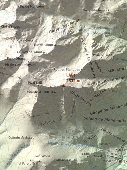 Mapa de relieve de l'Aüt, 2532 m, Alta Ribagorça, lámina 100 Cims de Trobart. Detalle de la zona central. 30 × 40 cm.