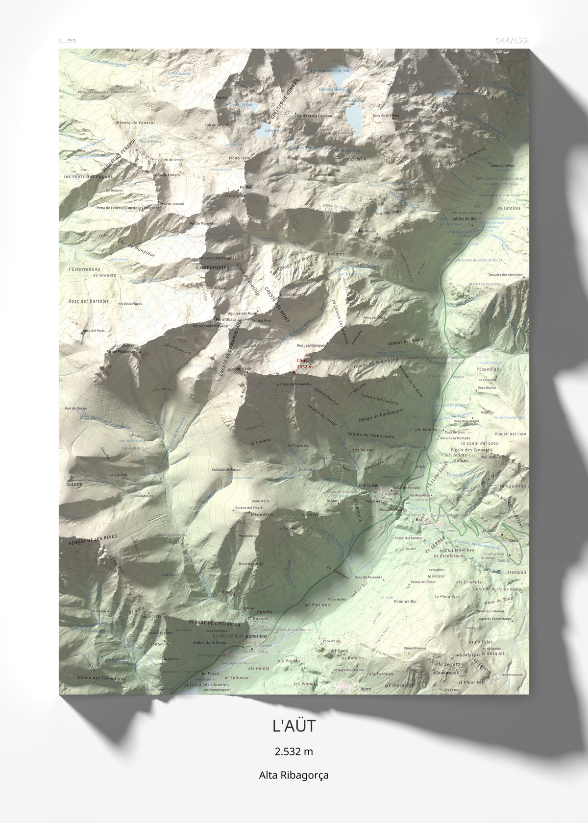 Mapa de relieve de l'Aüt, 2532 m, Alta Ribagorça, lámina 100 Cims de Trobart 50 × 70 cm.