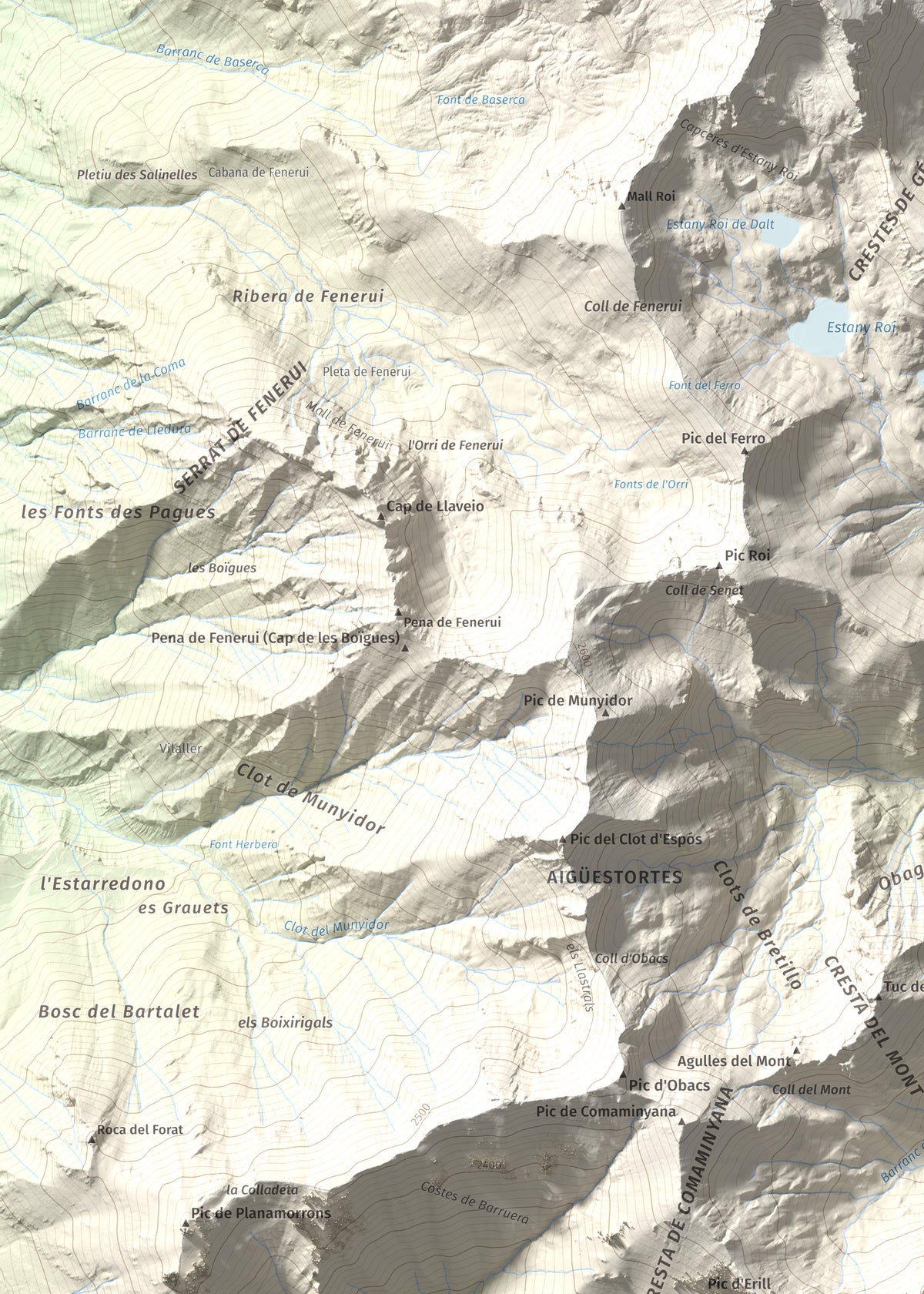 Mapa de relieve de l'Aüt, 2532 m, Alta Ribagorça, lámina 100 Cims de Trobart. Detalle de la zona superior izquierda. 50 × 70 cm.