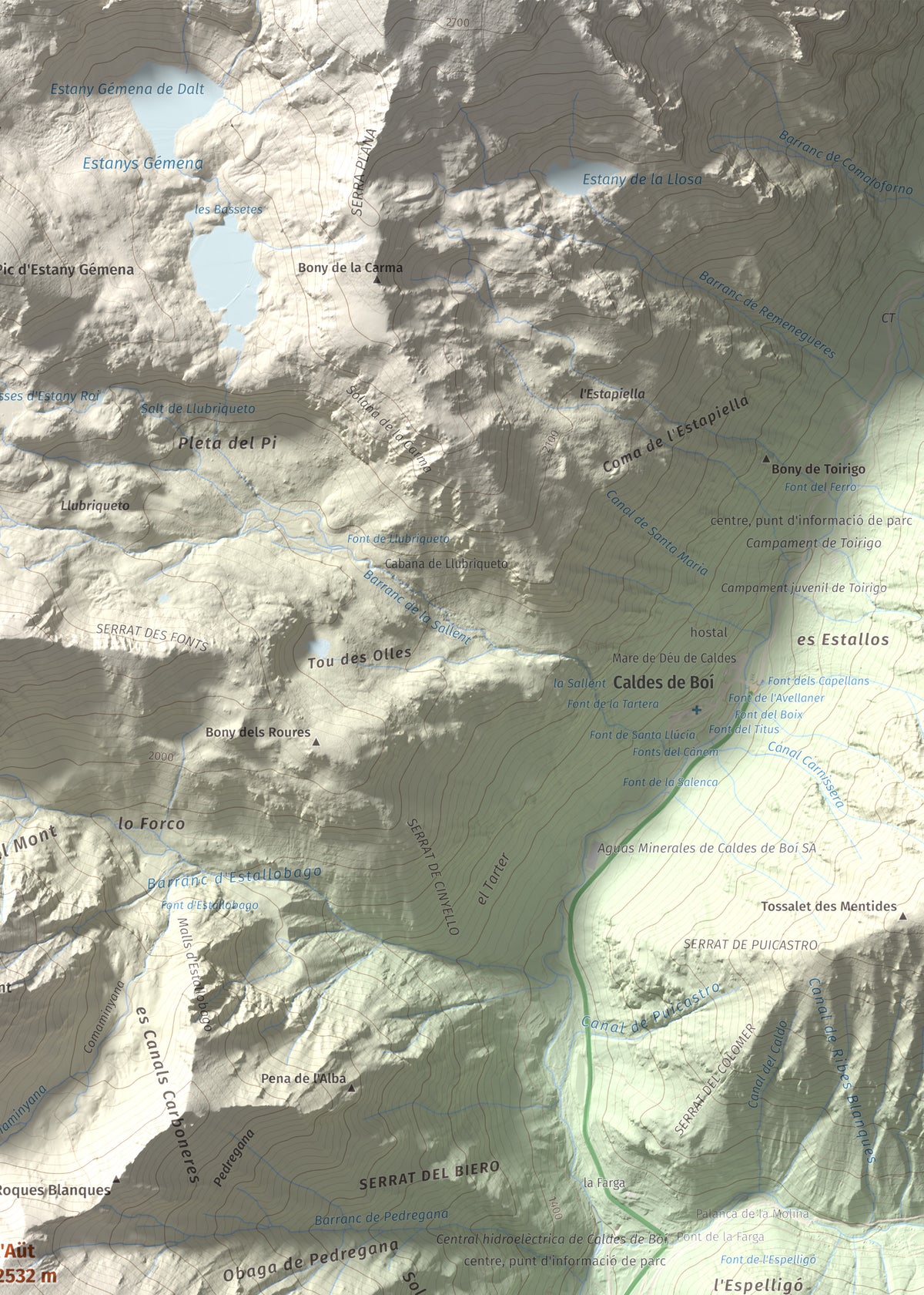 Mapa de relieve de l'Aüt, 2532 m, Alta Ribagorça, lámina 100 Cims de Trobart. Detalle de la zona superior derecha. 50 × 70 cm.
