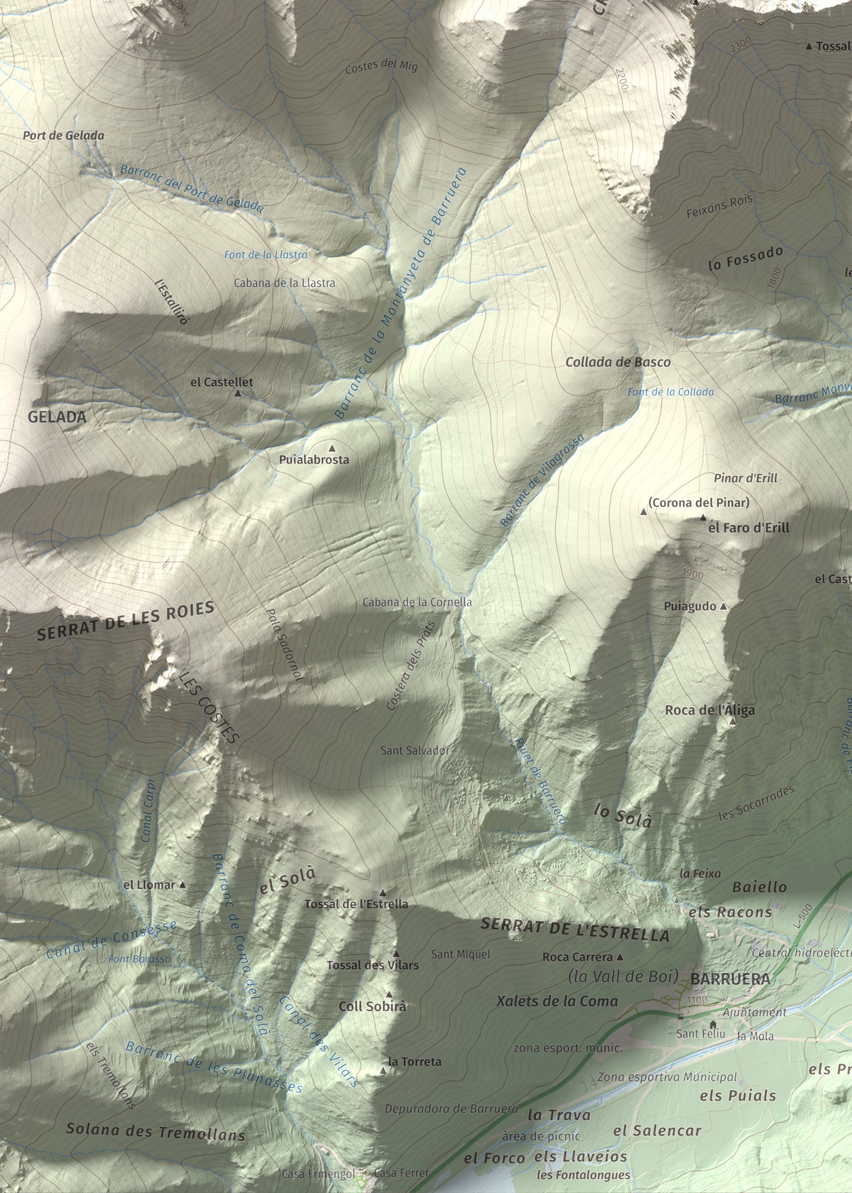 Mapa de relieve de l'Aüt, 2532 m, Alta Ribagorça, lámina 100 Cims de Trobart. Detalle de la zona inferior izquierda. 50 × 70 cm.