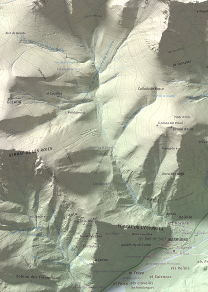 Mapa de relieve de l'Aüt, 2532 m, Alta Ribagorça, lámina 100 Cims de Trobart. Detalle de la zona inferior izquierda. 50 × 70 cm.