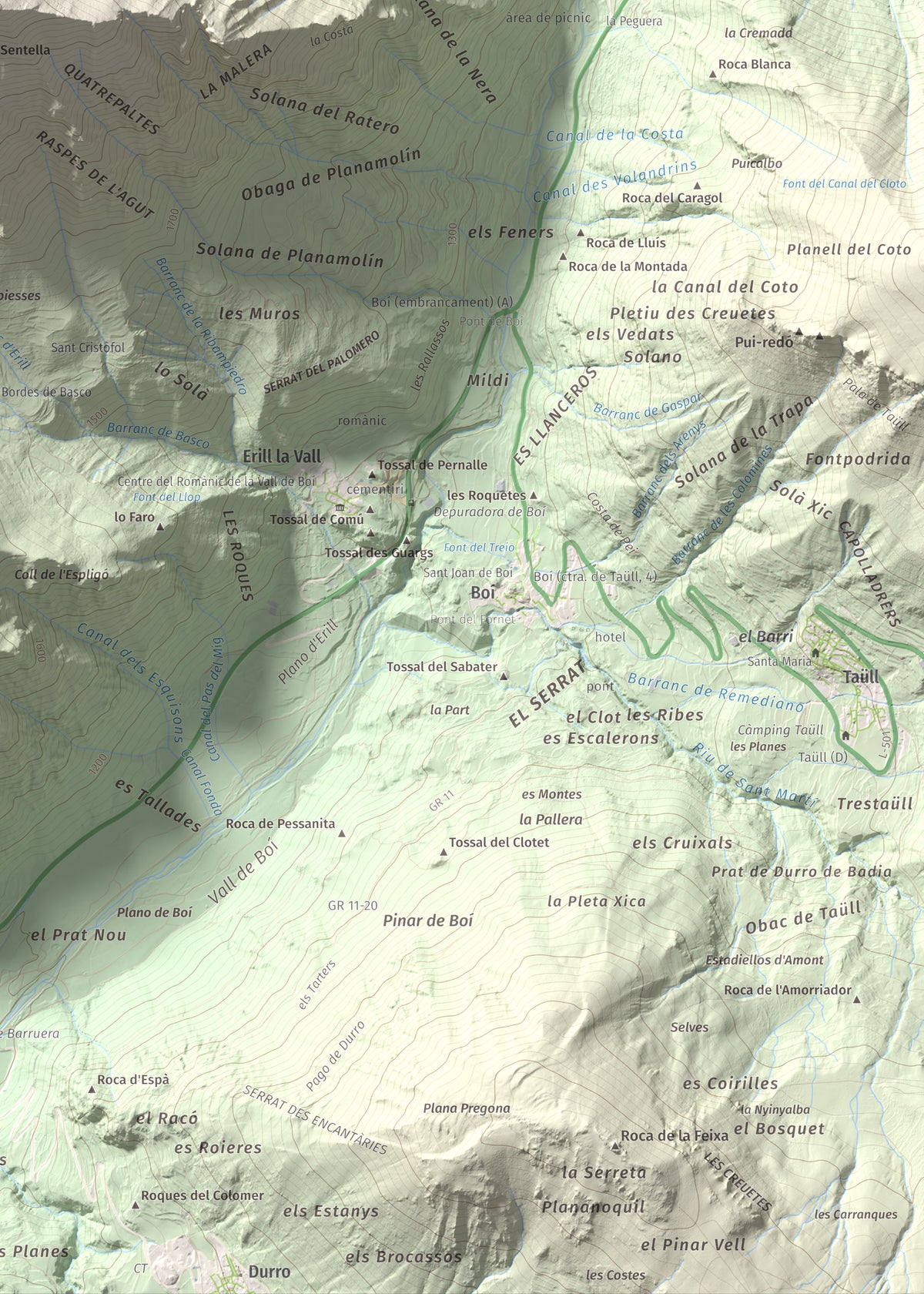 Mapa de relieve de l'Aüt, 2532 m, Alta Ribagorça, lámina 100 Cims de Trobart. Detalle de la zona inferior derecha. 50 × 70 cm.