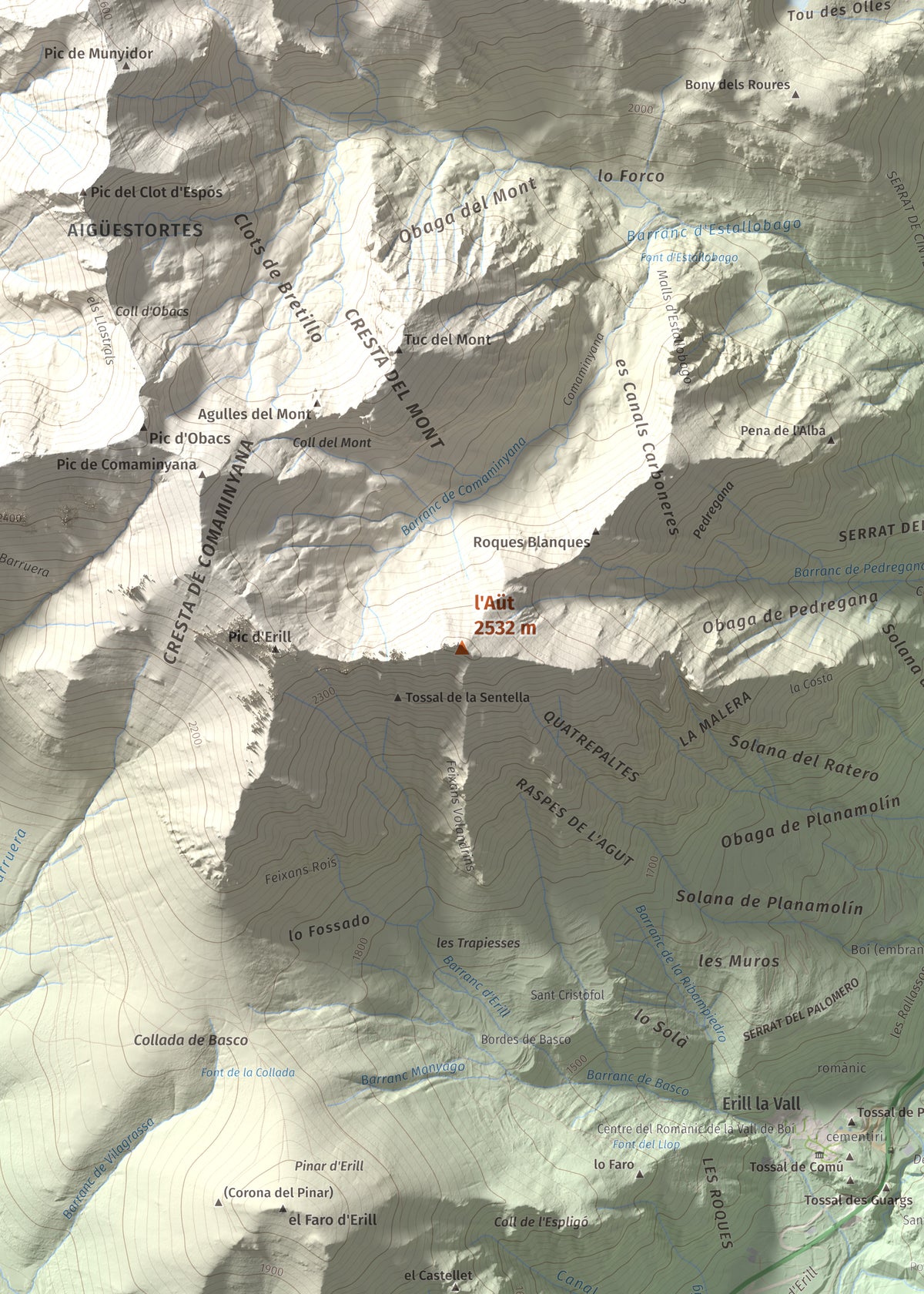 Mapa de relieve de l'Aüt, 2532 m, Alta Ribagorça, lámina 100 Cims de Trobart. Detalle de la zona central. 50 × 70 cm.