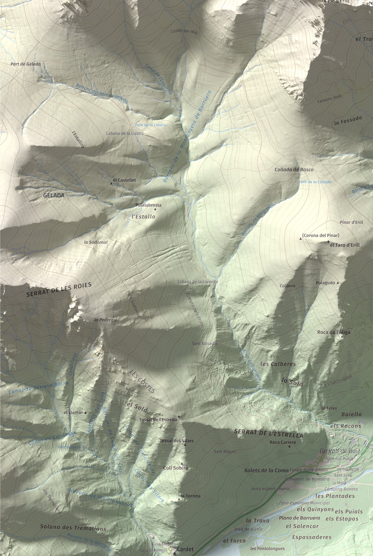 Mapa de relieve de l'Aüt, 2532 m, Alta Ribagorça, lámina 100 Cims de Trobart. Detalle de la zona inferior izquierda. 61 × 91 cm.