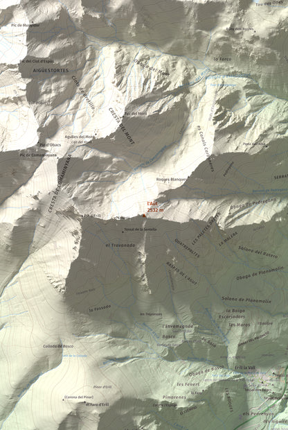Mapa de relieve de l'Aüt, 2532 m, Alta Ribagorça, lámina 100 Cims de Trobart. Detalle de la zona central. 61 × 91 cm.