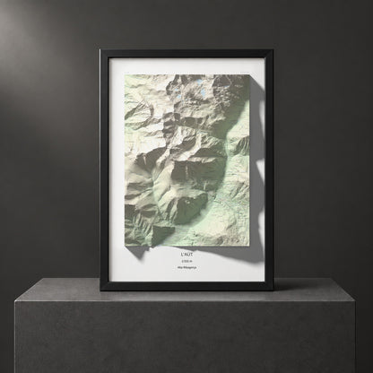 Mapa de relieve de l'Aüt, 2532 m, Alta Ribagorça, lámina 100 Cims de Trobart. Presentación enmarcada. 70 × 100 cm.