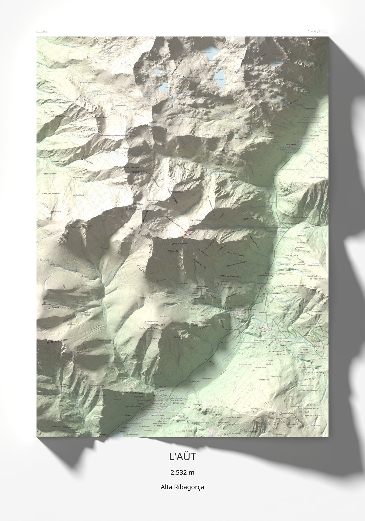 Mapa de relieve de l'Aüt, 2532 m, Alta Ribagorça, lámina 100 Cims de Trobart 70 × 100 cm.