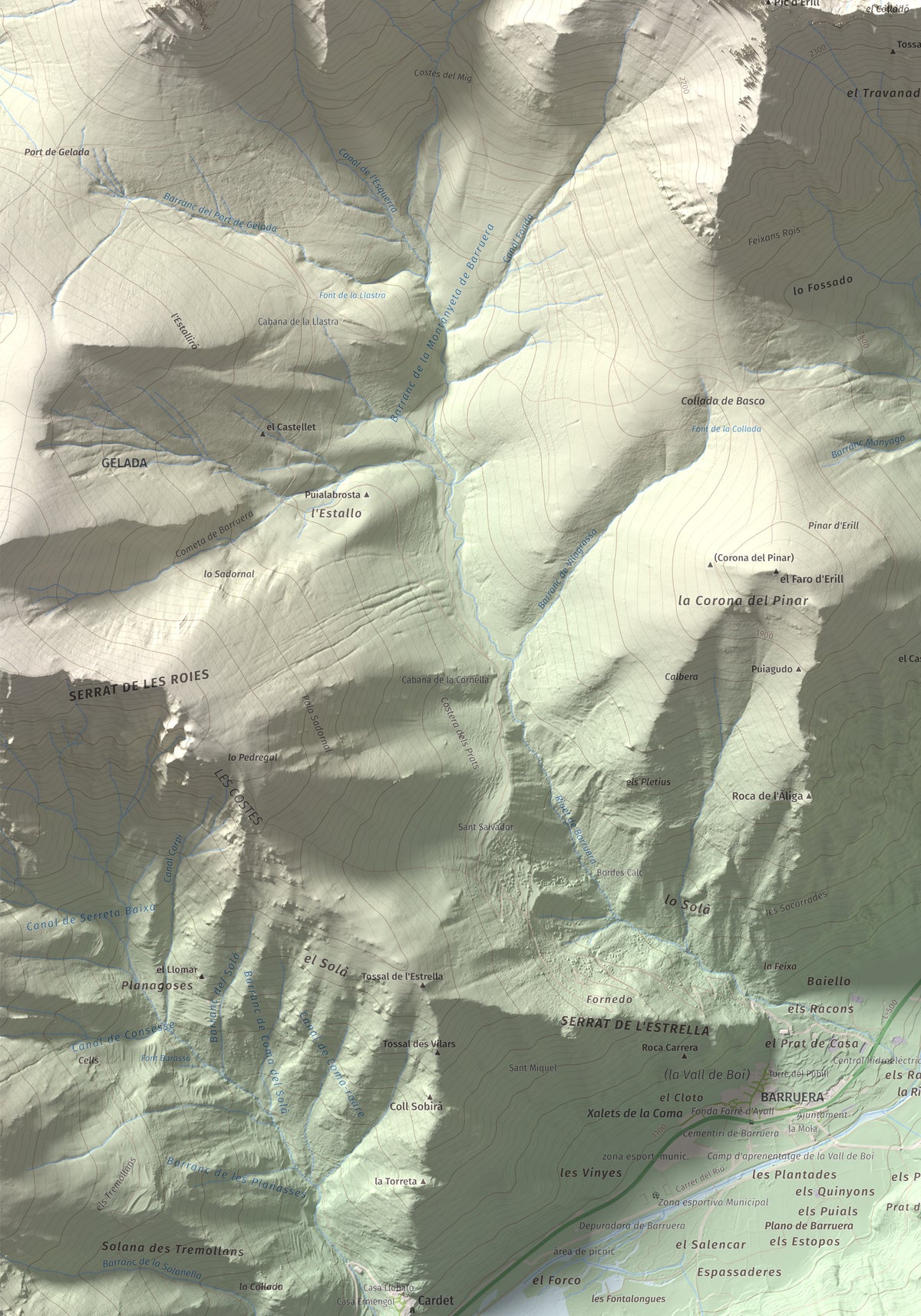 Mapa de relieve de l'Aüt, 2532 m, Alta Ribagorça, lámina 100 Cims de Trobart. Detalle de la zona inferior izquierda. 70 × 100 cm.