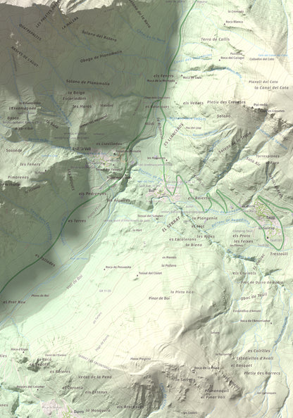 Mapa de relieve de l'Aüt, 2532 m, Alta Ribagorça, lámina 100 Cims de Trobart. Detalle de la zona inferior derecha. 70 × 100 cm.