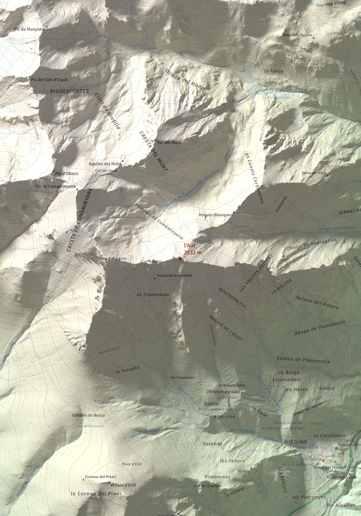 Mapa de relieve de l'Aüt, 2532 m, Alta Ribagorça, lámina 100 Cims de Trobart. Detalle de la zona central. 70 × 100 cm.