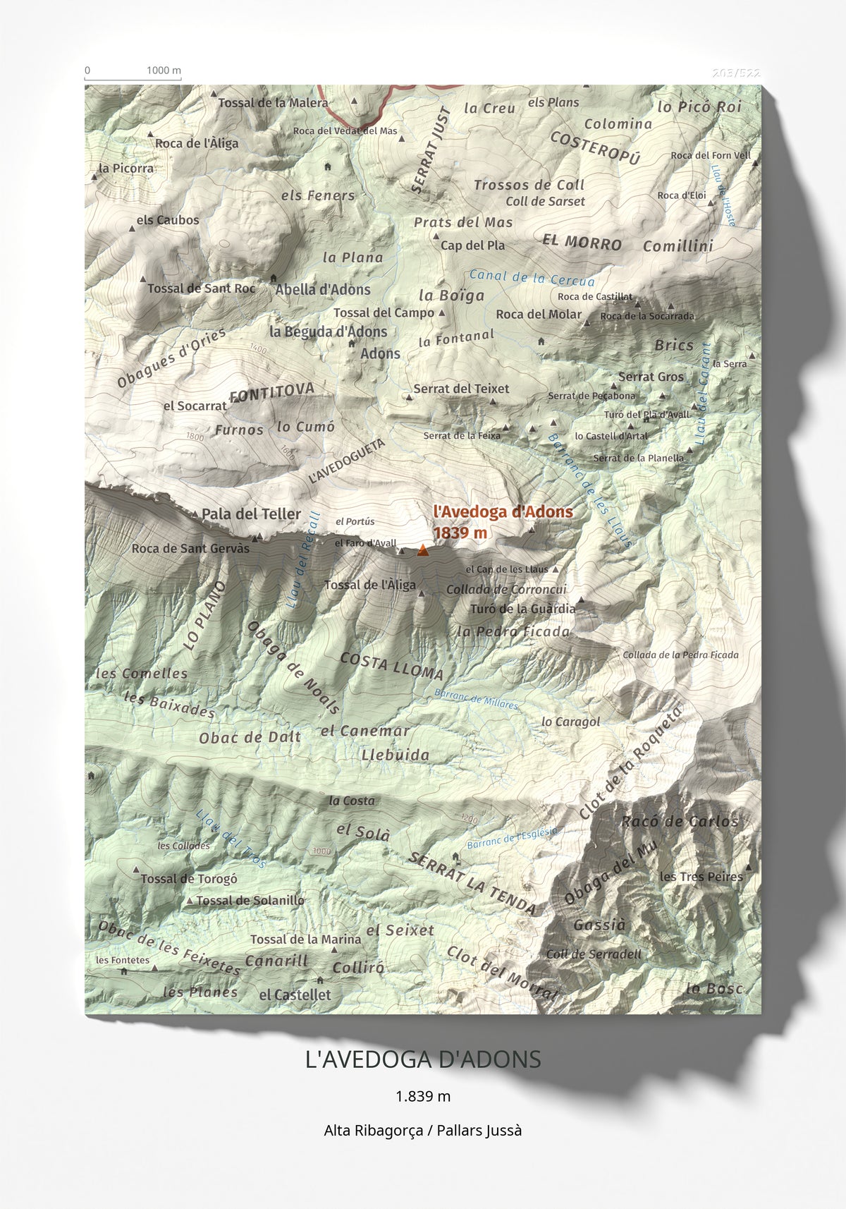 Mapa de relieve de l'Avedoga d'Adons, 1839 m, Alta Ribagorça · Pallars Jussà, lámina 100 Cims de Trobart 21 × 30 cm.