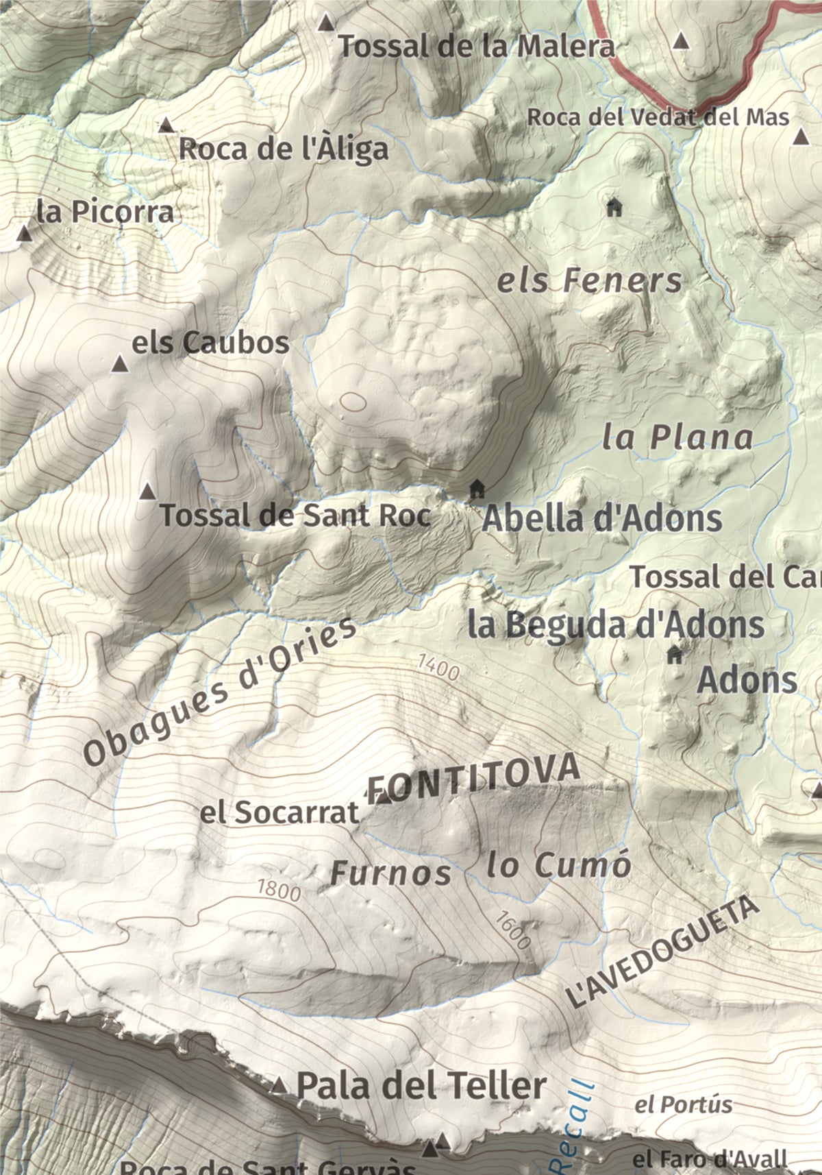 Mapa de relieve de l'Avedoga d'Adons, 1839 m, Alta Ribagorça · Pallars Jussà, lámina 100 Cims de Trobart. Detalle de la zona superior izquierda. 21 × 30 cm.