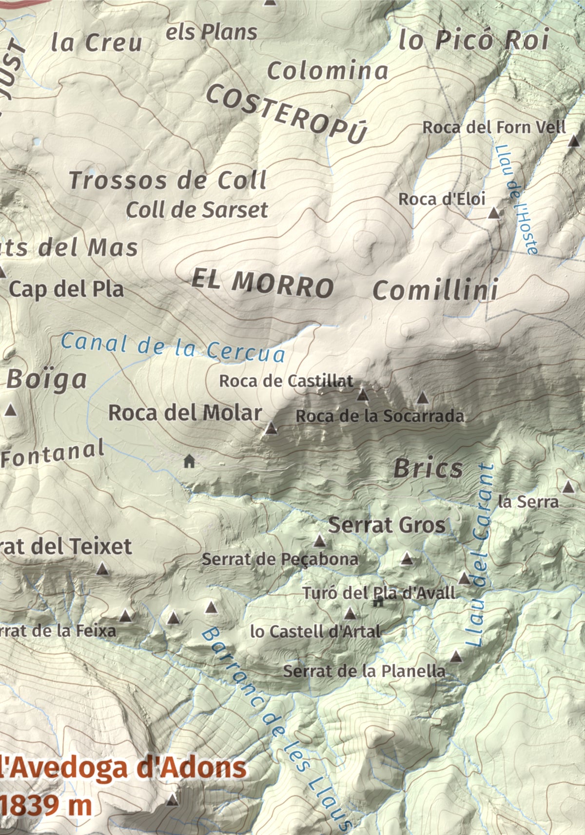Mapa de relieve de l'Avedoga d'Adons, 1839 m, Alta Ribagorça · Pallars Jussà, lámina 100 Cims de Trobart. Detalle de la zona superior derecha. 21 × 30 cm.