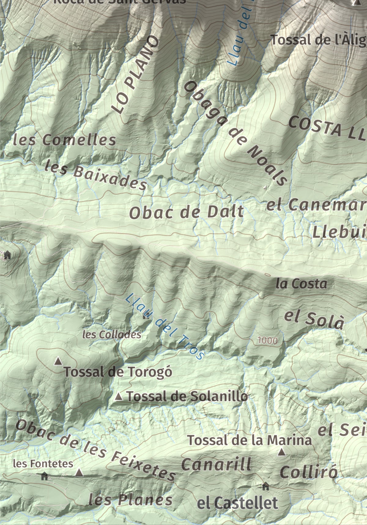 Mapa de relieve de l'Avedoga d'Adons, 1839 m, Alta Ribagorça · Pallars Jussà, lámina 100 Cims de Trobart. Detalle de la zona inferior izquierda. 21 × 30 cm.
