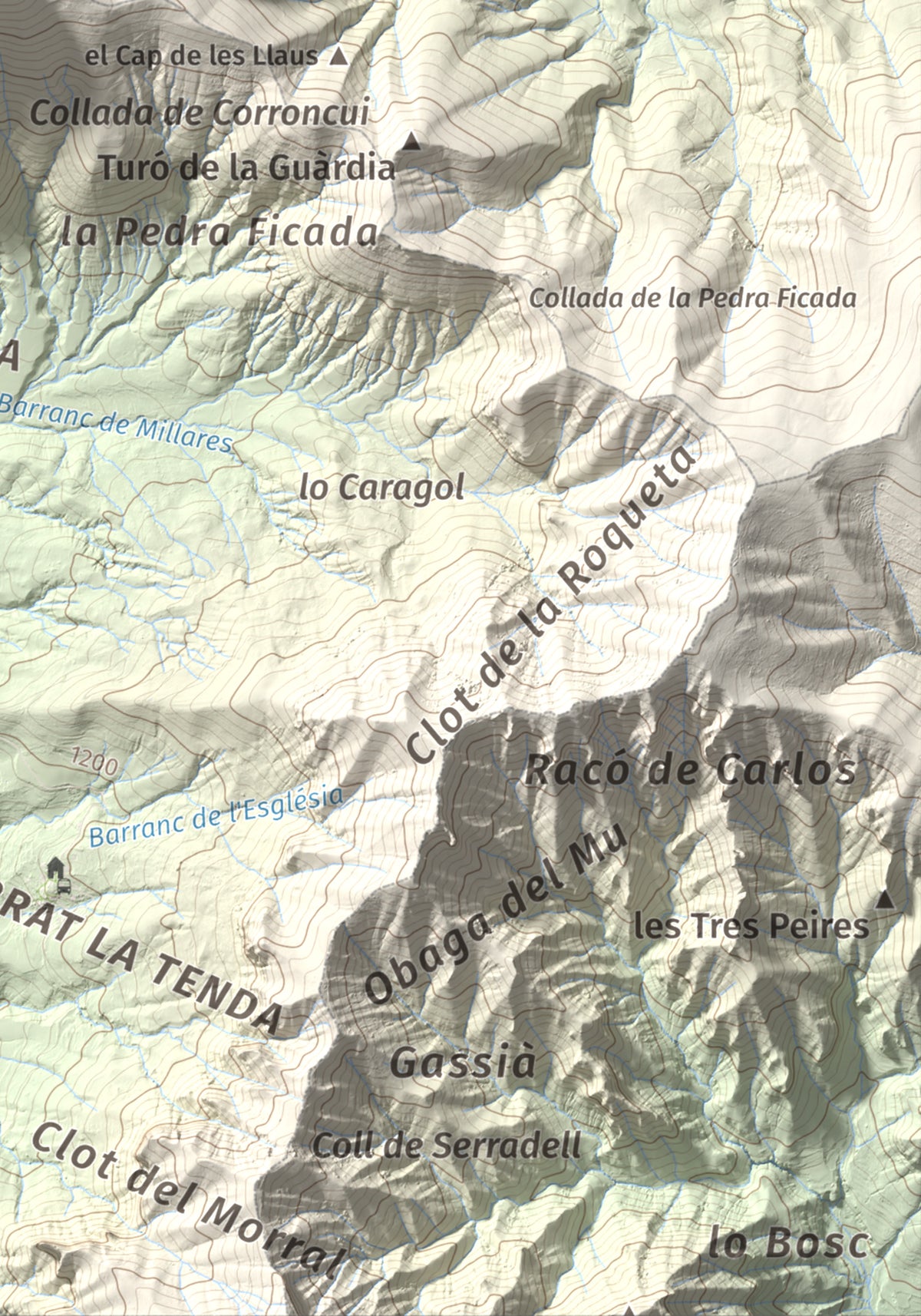 Mapa de relieve de l'Avedoga d'Adons, 1839 m, Alta Ribagorça · Pallars Jussà, lámina 100 Cims de Trobart. Detalle de la zona inferior derecha. 21 × 30 cm.