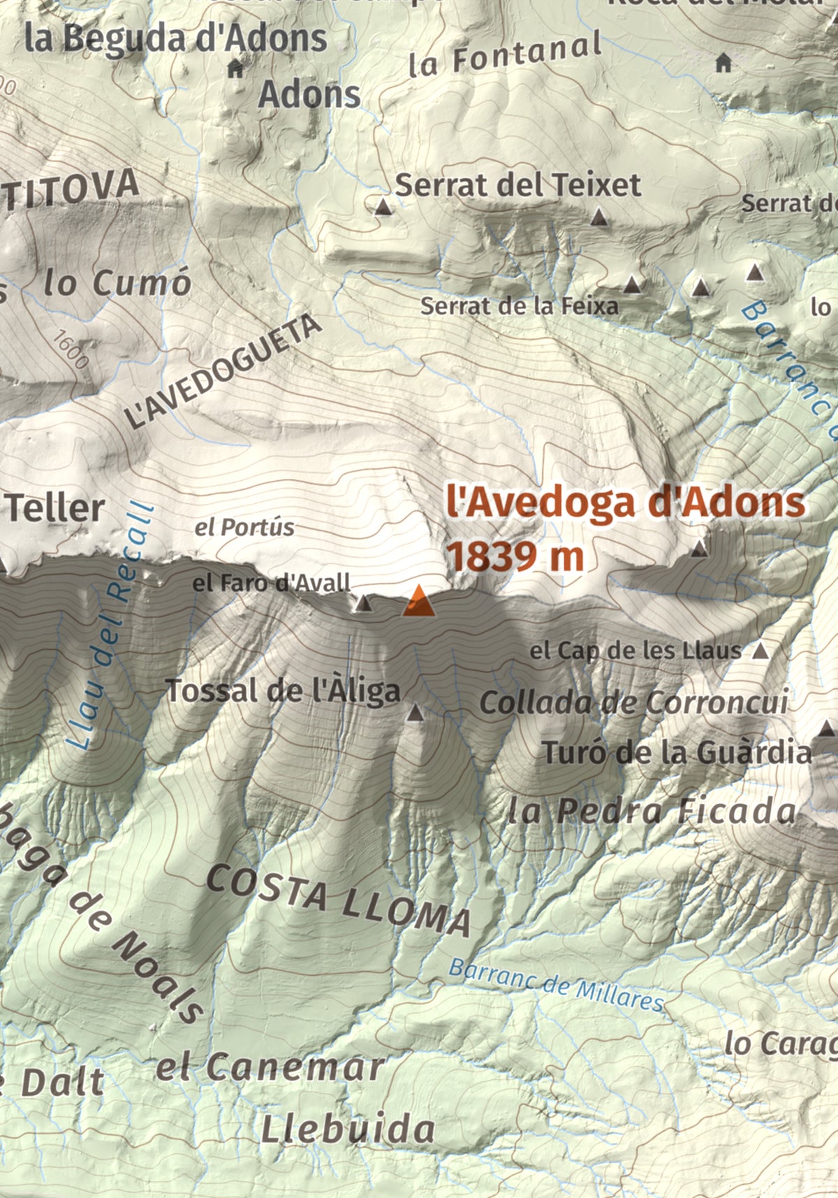 Mapa de relieve de l'Avedoga d'Adons, 1839 m, Alta Ribagorça · Pallars Jussà, lámina 100 Cims de Trobart. Detalle de la zona central. 21 × 30 cm.