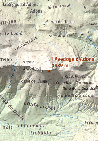 Mapa de relieve de l'Avedoga d'Adons, 1839 m, Alta Ribagorça · Pallars Jussà, lámina 100 Cims de Trobart. Detalle de la zona central. 21 × 30 cm.