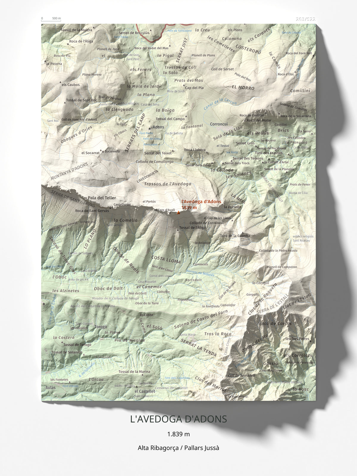 Mapa de relieve de l'Avedoga d'Adons, 1839 m, Alta Ribagorça · Pallars Jussà, lámina 100 Cims de Trobart 30 × 40 cm.