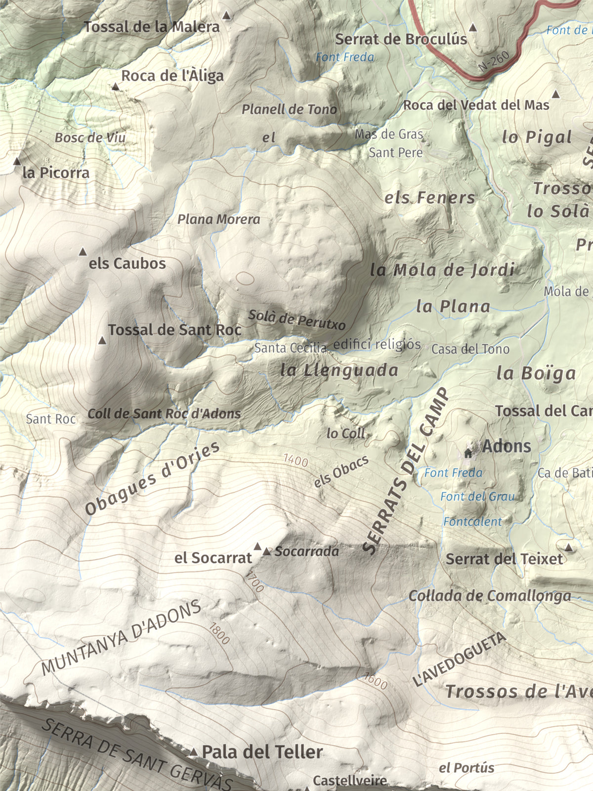 Mapa de relieve de l'Avedoga d'Adons, 1839 m, Alta Ribagorça · Pallars Jussà, lámina 100 Cims de Trobart. Detalle de la zona superior izquierda. 30 × 40 cm.