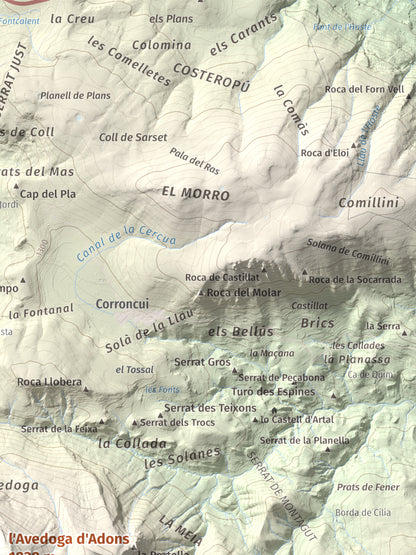 Mapa de relieve de l'Avedoga d'Adons, 1839 m, Alta Ribagorça · Pallars Jussà, lámina 100 Cims de Trobart. Detalle de la zona superior derecha. 30 × 40 cm.