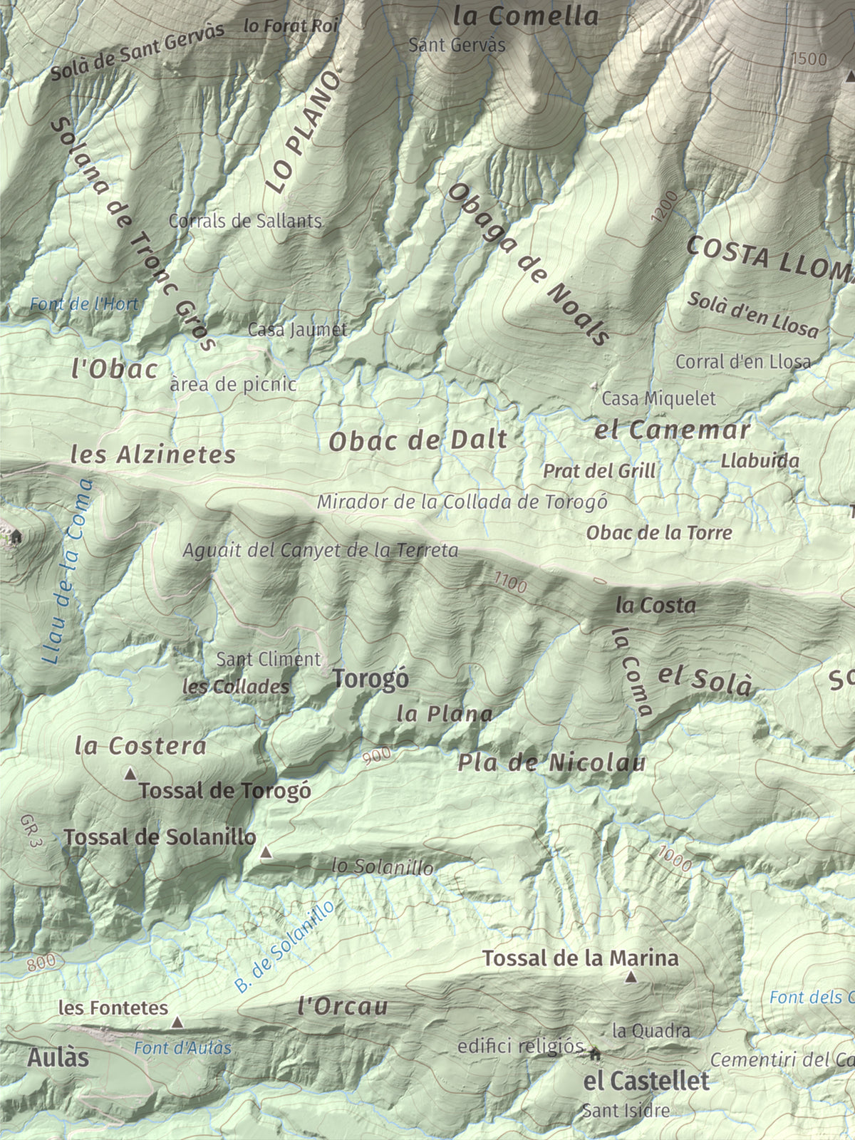 Mapa de relieve de l'Avedoga d'Adons, 1839 m, Alta Ribagorça · Pallars Jussà, lámina 100 Cims de Trobart. Detalle de la zona inferior izquierda. 30 × 40 cm.