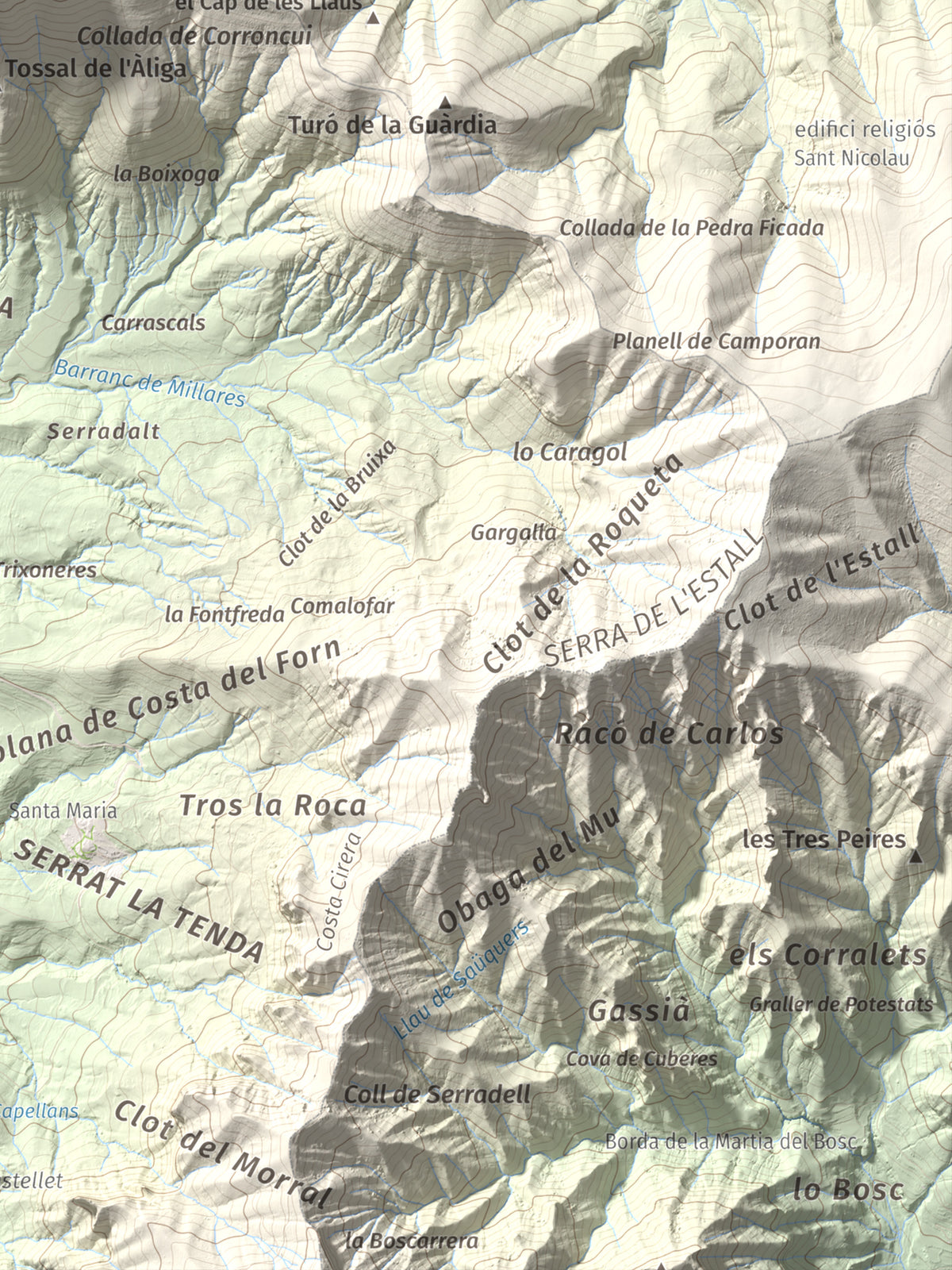 Mapa de relieve de l'Avedoga d'Adons, 1839 m, Alta Ribagorça · Pallars Jussà, lámina 100 Cims de Trobart. Detalle de la zona inferior derecha. 30 × 40 cm.