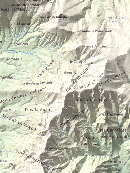 Mapa de relieve de l'Avedoga d'Adons, 1839 m, Alta Ribagorça · Pallars Jussà, lámina 100 Cims de Trobart. Detalle de la zona inferior derecha. 30 × 40 cm.