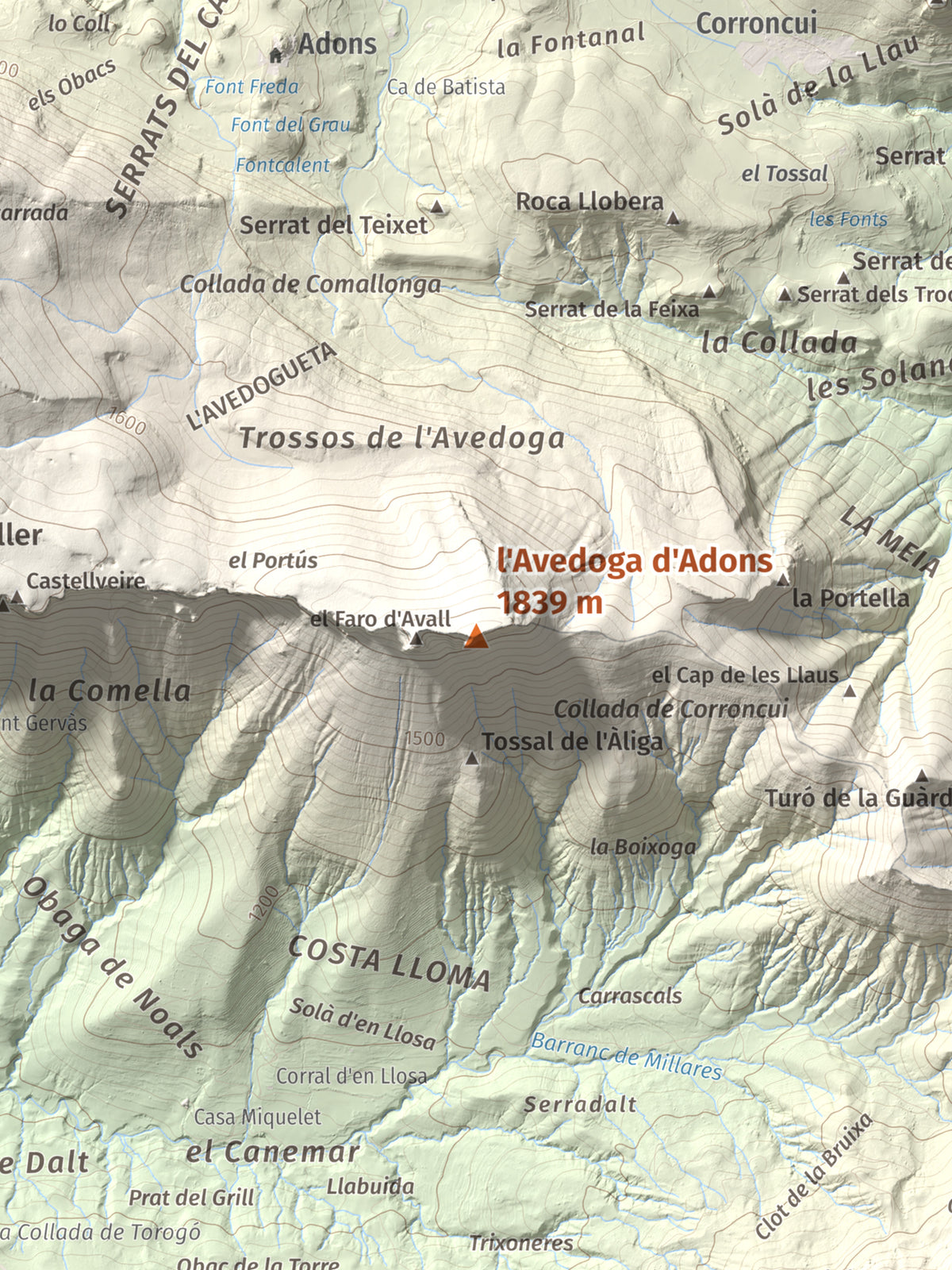 Mapa de relieve de l'Avedoga d'Adons, 1839 m, Alta Ribagorça · Pallars Jussà, lámina 100 Cims de Trobart. Detalle de la zona central. 30 × 40 cm.