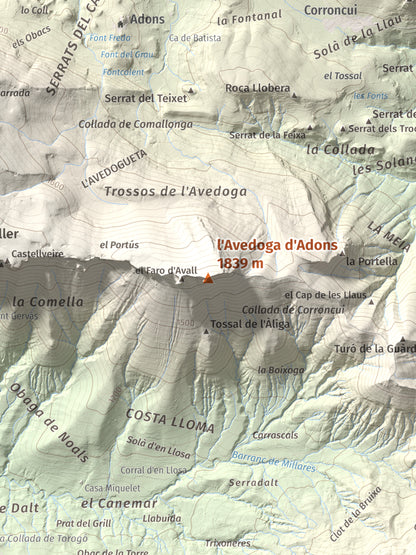 Mapa de relieve de l'Avedoga d'Adons, 1839 m, Alta Ribagorça · Pallars Jussà, lámina 100 Cims de Trobart. Detalle de la zona central. 30 × 40 cm.