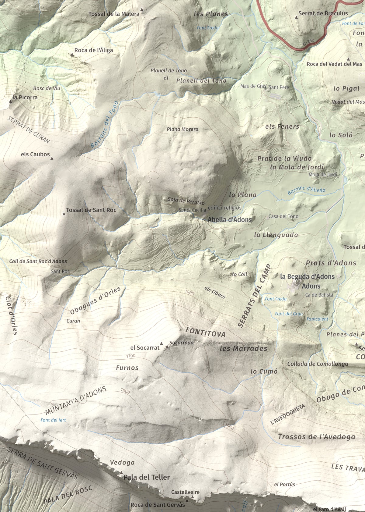 Mapa de relieve de l'Avedoga d'Adons, 1839 m, Alta Ribagorça · Pallars Jussà, lámina 100 Cims de Trobart. Detalle de la zona superior izquierda. 50 × 70 cm.