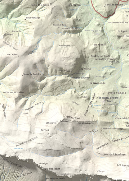Mapa de relieve de l'Avedoga d'Adons, 1839 m, Alta Ribagorça · Pallars Jussà, lámina 100 Cims de Trobart. Detalle de la zona superior izquierda. 50 × 70 cm.